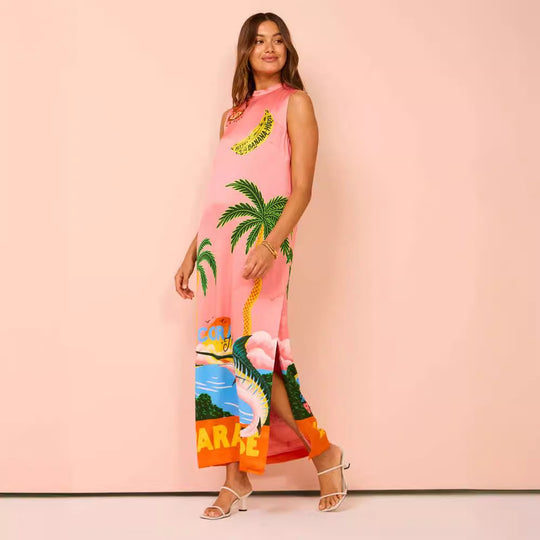 Damen Maxikleid mit buntem Tropenmotiv und lässigem Schnitt R&B