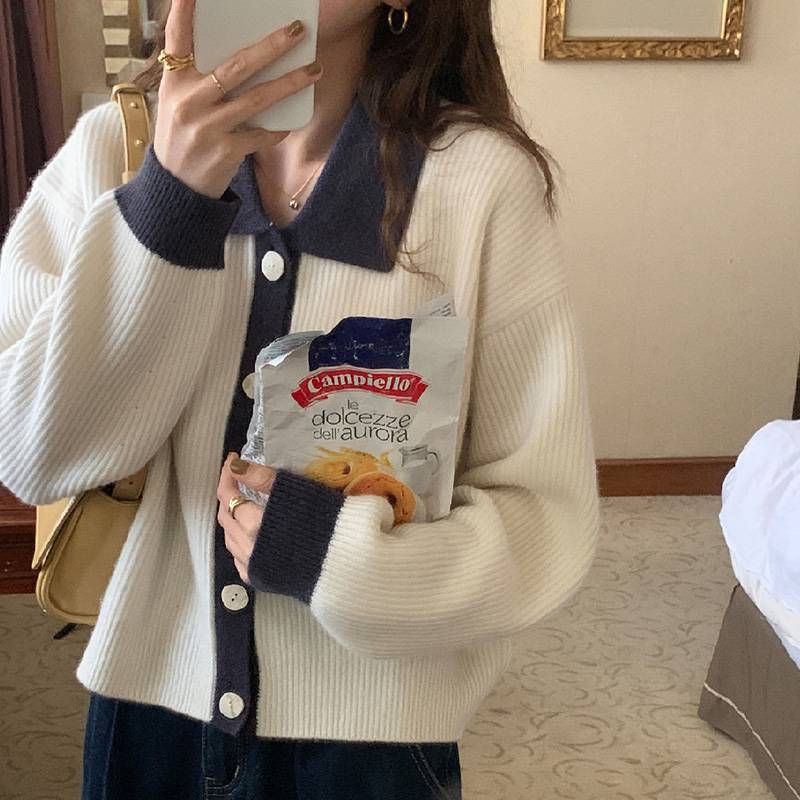 Damen Übergrößen Strickjacke mit kontrastierenden Kragen und Knopfdetail R&B