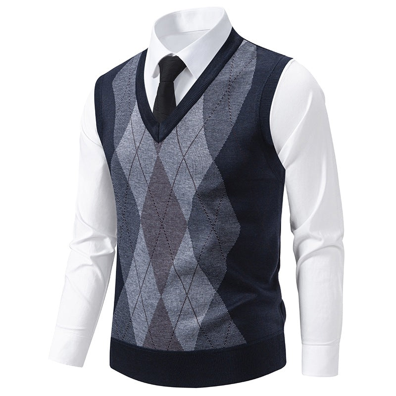 Herren V-Ausschnitt Strickpullover mit elegantem Rautenmuster