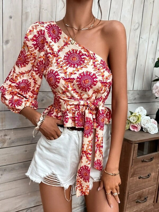 Damen asymmetrisches Oberteil mit voluminösem Ärmel und Taillengürtel R&B