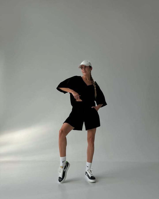 Damen lässiges Lounge-Set mit oversized Oberteil und Shorts R&B