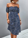 Damen Off-Shoulder Freizeitkleid mit eleganten Puffärmeln und floralen Mustern R&B