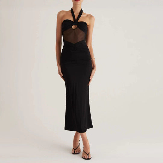 Damen Elegantes geschnittenes Maxikleid mit raffiniertem Halterdesign und transparentem Ausschnitt