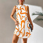 Damen A-linien Minikleid mit modernem grafischem Muster und Stehkragen R&B