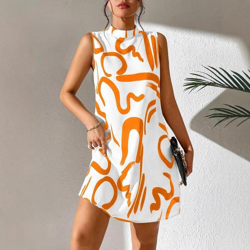 Damen A-linien Minikleid mit modernem grafischem Muster und Stehkragen R&B
