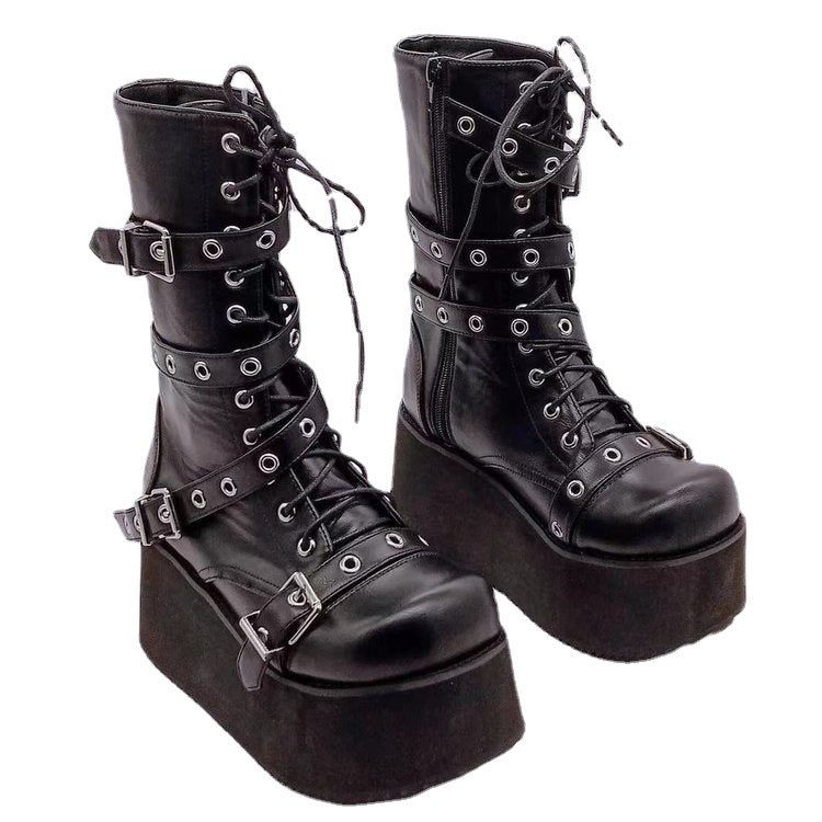 Damen Plateau-Stiefel mit robusten Schnallen und hochwertiger Leder-Oberfläche R&B