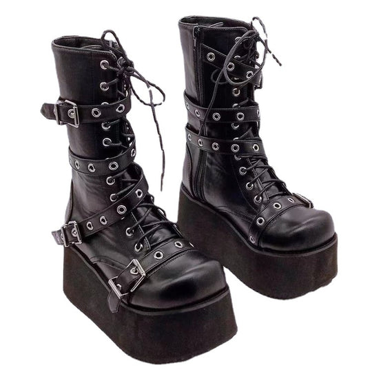 Damen Plateau-Stiefel mit robusten Schnallen und hochwertiger Leder-Oberfläche R&B