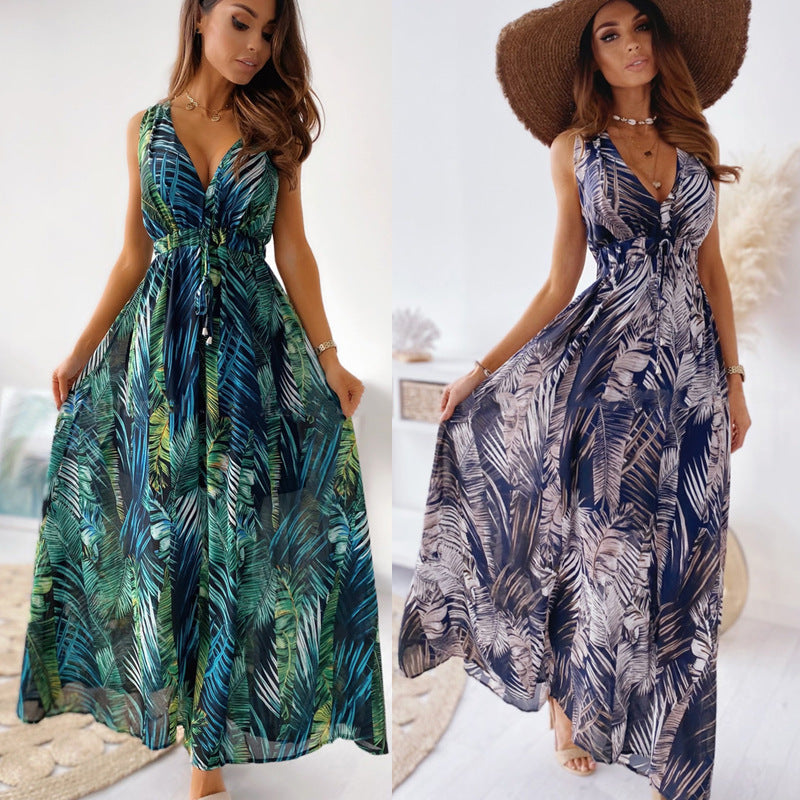 Damen Maxikleid mit floralem Druck und tiefer V-Ausschnitt R&B