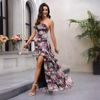 Damen Elegantes One-Shoulder Maxikleid mit floralem Muster und hohem Schlitz R&B