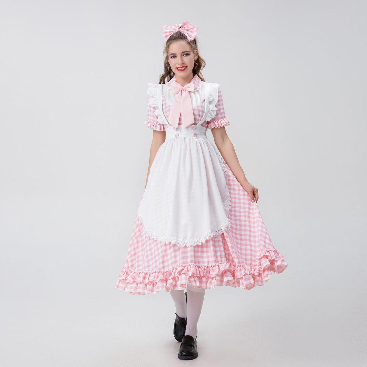 Damen nan Vintage-inspiriertes Karo-Swingkleid mit abnehmbarer Schürze, Rüschenärmeln und Schleifenkragen R&B