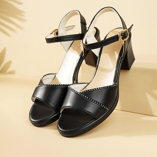 Damen elegante Sandaletten mit funkelndem Strass und bequemem Blockabsatz R&B