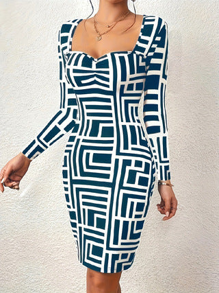 Damen Figurbetontes Langarmkleid mit geometrischem Muster und kreativem Ausschnitt R&B