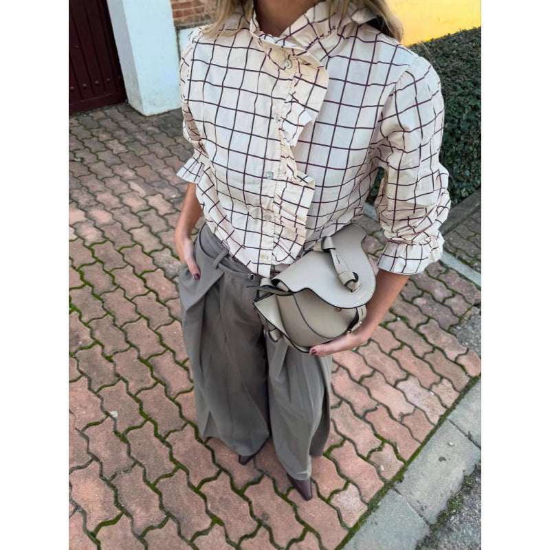 Damen Karobluse mit Rüschendetails und Knopfverschluss R&B