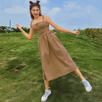 Damen Midi-Kleid mit elastischem Taillenbund und verstellbaren Spaghettiträgern R&B