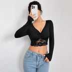 Damen Cropped Langarmshirt mit raffiniertem Spitzenbesatz R&B