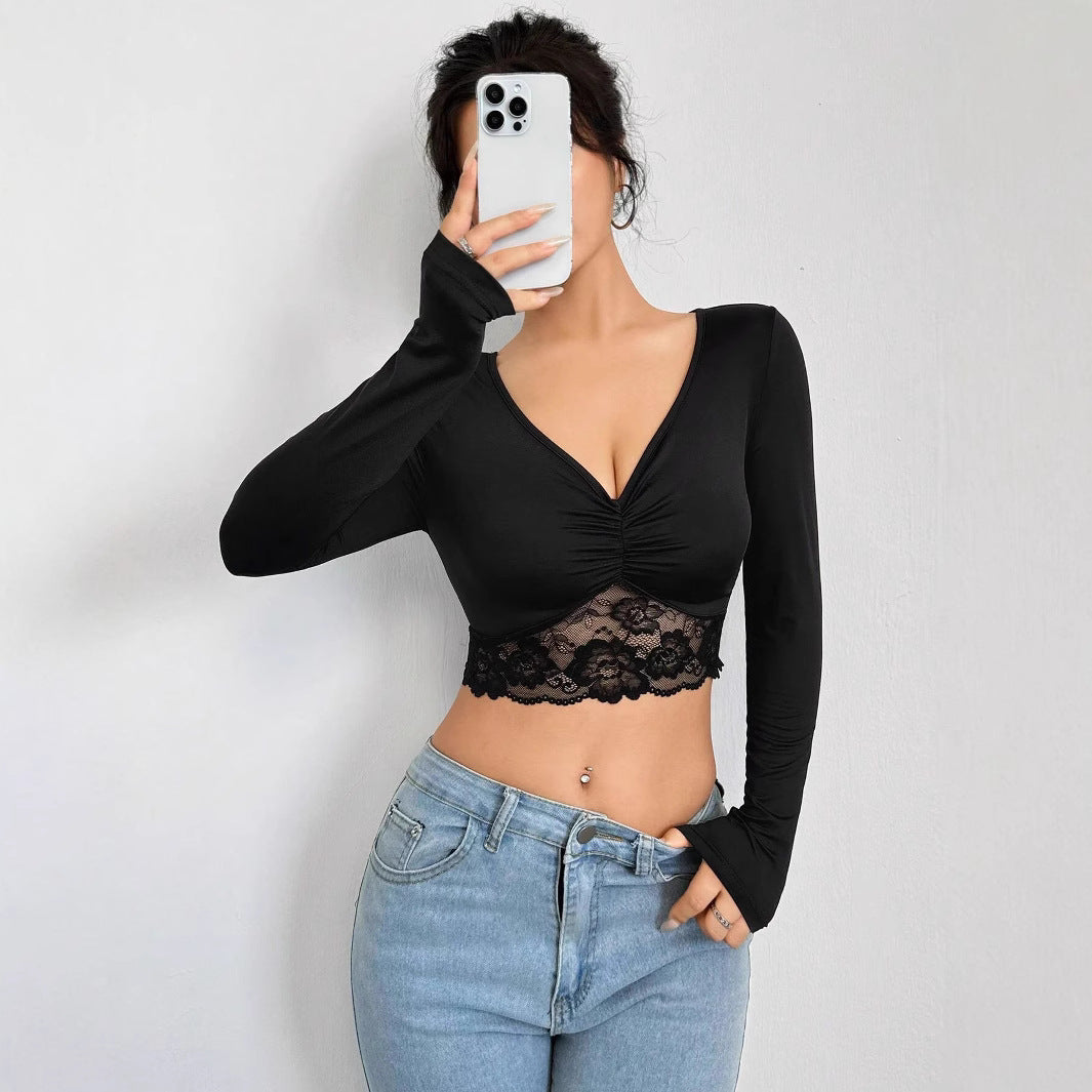 Damen Cropped Langarmshirt mit raffiniertem Spitzenbesatz R&B