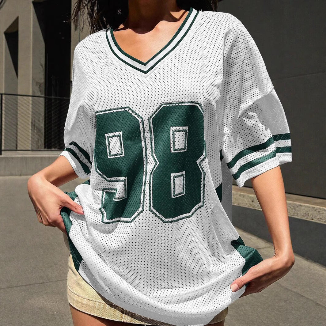 Damen Sportliches Fußballtrikot mit luftiger Netzstruktur und V-Ausschnitt R&B