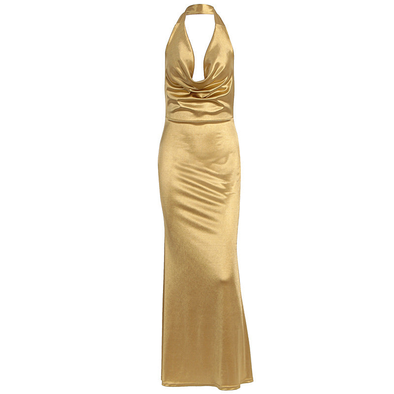 Damen Elegantes Maxikleid mit tiefem V-Ausschnitt und fließendem Fall R&B
