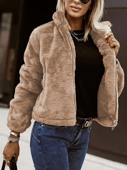 R&B | Weiche Damen Teddy Bomberjacke mit Reißverschluss
