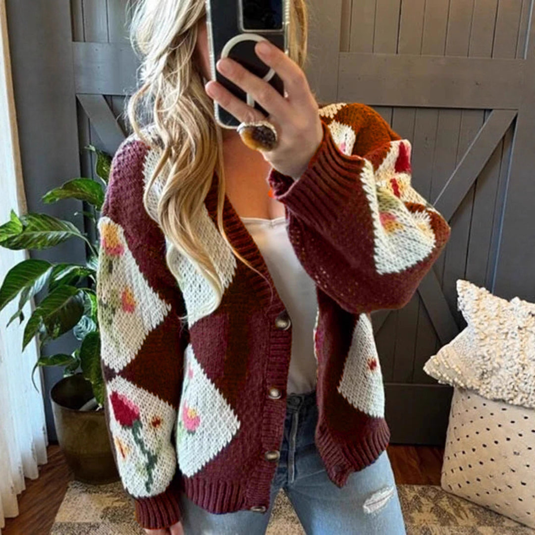 Damen Strickjacke mit floralem Muster und dekorativem Knopfdesign R&B