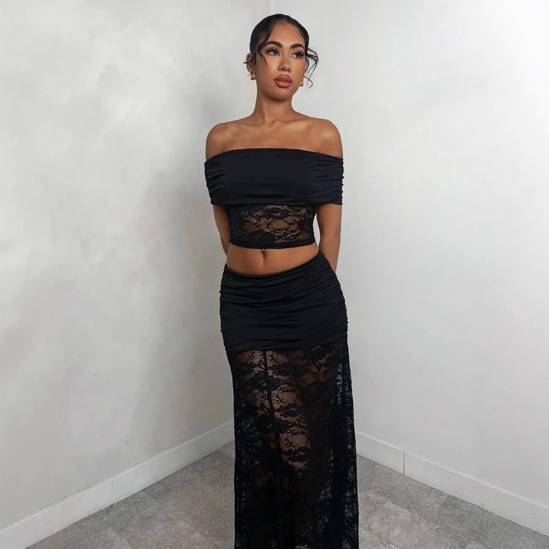 Damen nan Maxirock mit gerafftem Mini-Innenslip und floralem Spitzen-Überwurf R&B