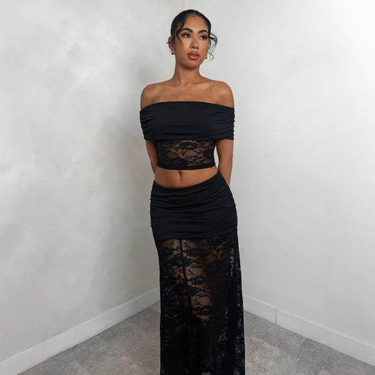 Damen nan Maxirock mit gerafftem Mini-Innenslip und floralem Spitzen-Überwurf R&B