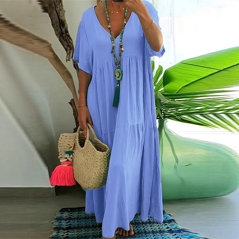 Damen luftiges Boho-Maxikleid mit schwingendem Saum und tiefem V-Ausschnitt R&B
