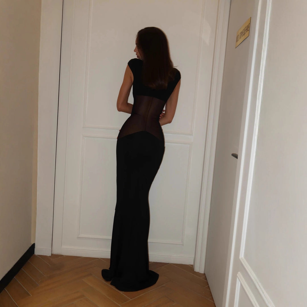 Damen Elegant figurbetontes Maxikleid mit transparenten Einsätzen R&B