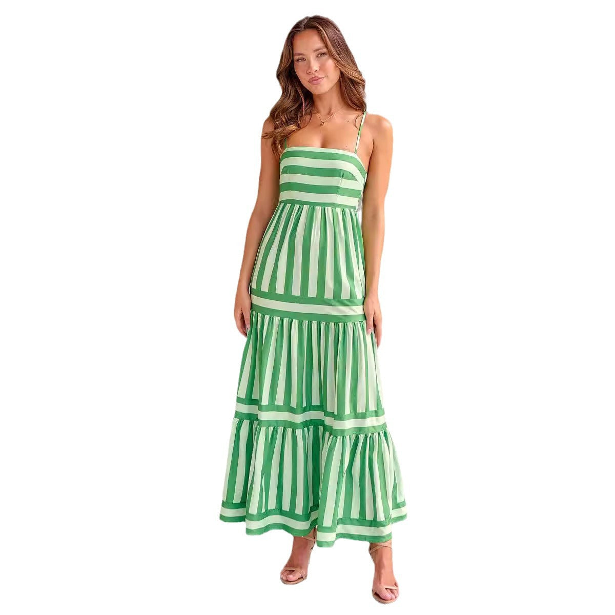 Damen Maxikleid mit schmalen Trägern und gestreiftem Design R&B