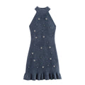 Damen elegantes Kleid mit Stehkragen und dekorativen Strass-Details