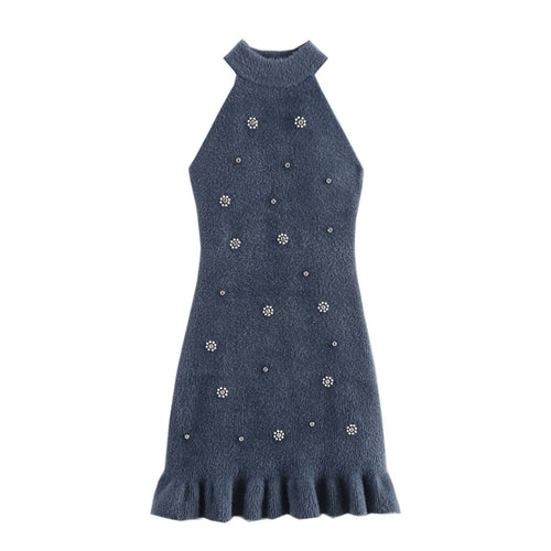 Damen elegantes Kleid mit Stehkragen und dekorativen Strass-Details R&B