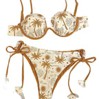 Damen Triangel-Bikini mit dekorativen Palmendruck und verstellbaren BindR&Bändern R&B