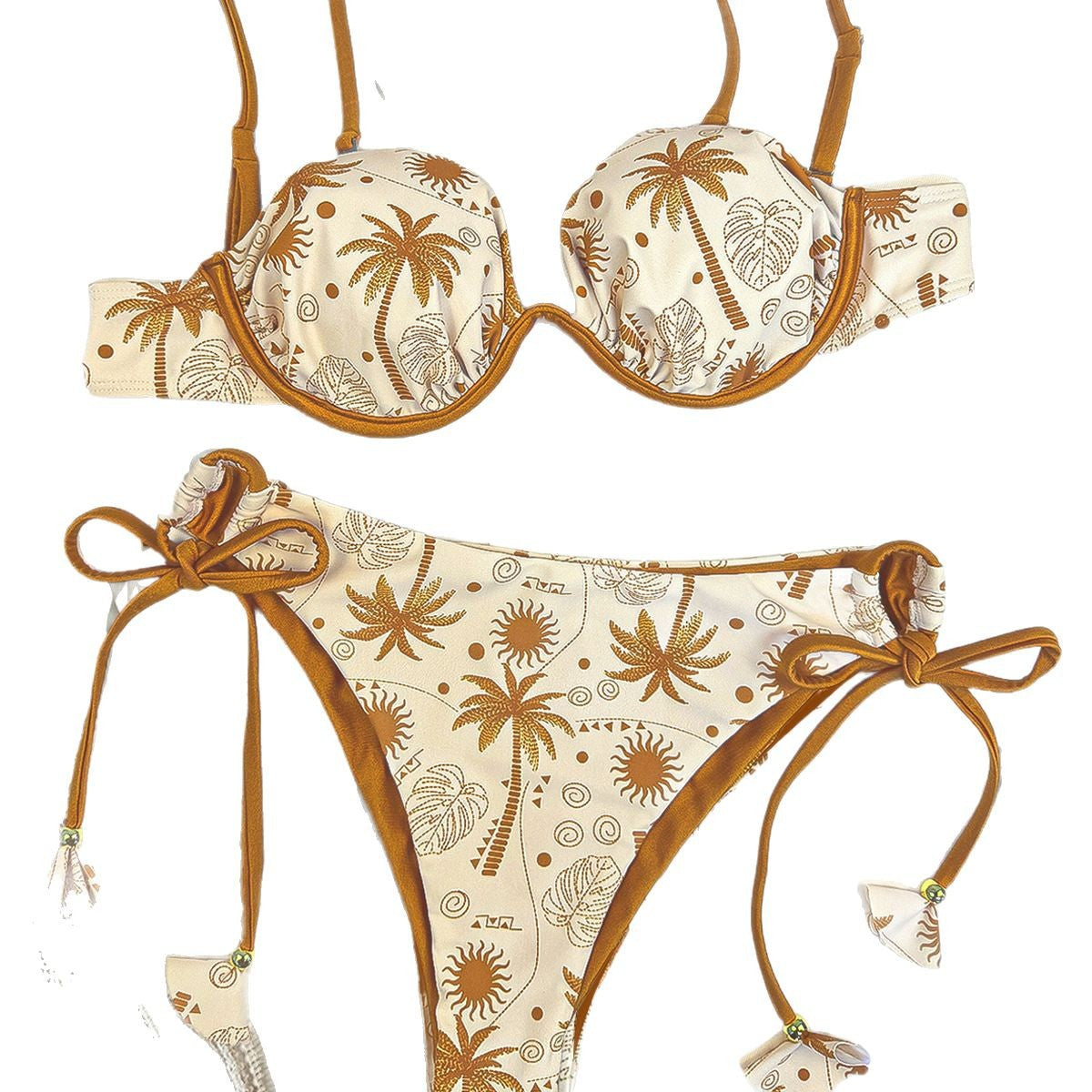 Damen Triangel-Bikini mit dekorativen Palmendruck und verstellbaren BindR&Bändern R&B