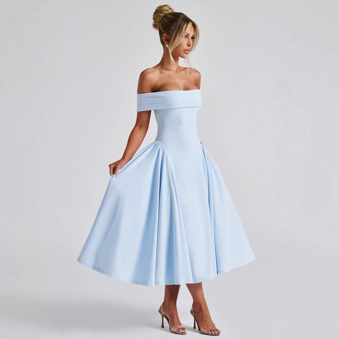 Damen Off-Shoulder Cocktailkleid mit voluminösem Rock und elegantem Trägerdesign R&B