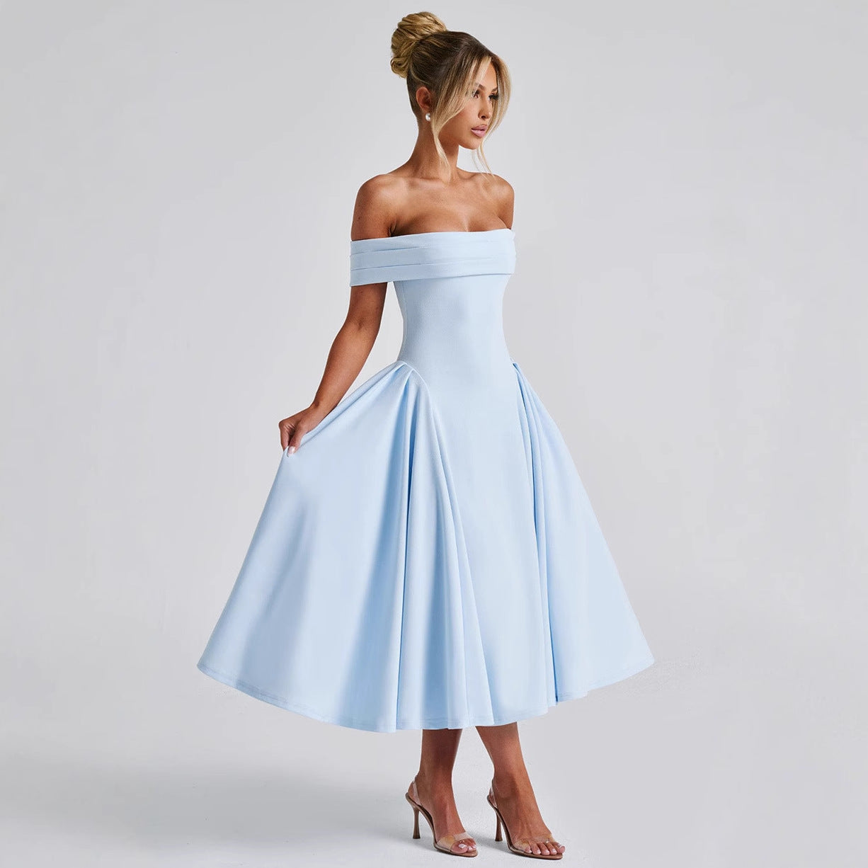 Damen Off-Shoulder Cocktailkleid mit voluminösem Rock und elegantem Trägerdesign R&B