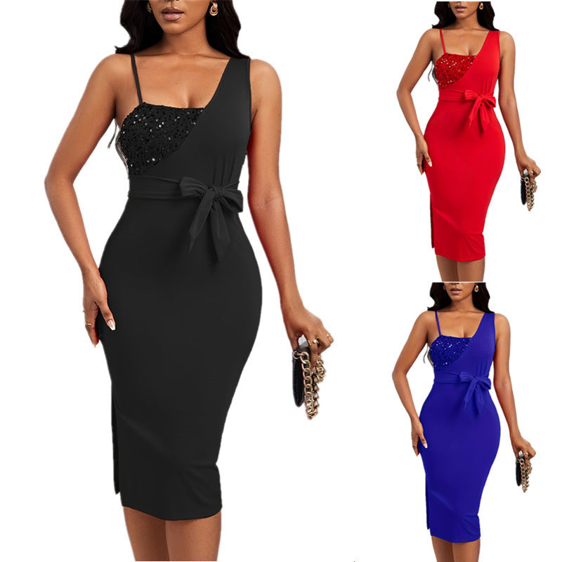 Damen elegantes Wickelkleid mit Strassapplikationen und Taillengürtel R&B