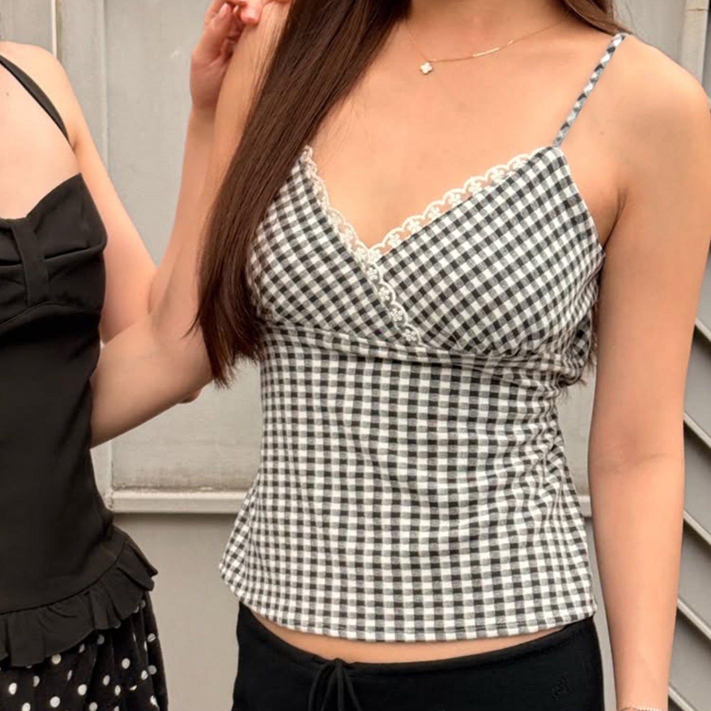 Damen V-Ausschnitt Vichy-Trägertop mit Spitzendetails R&B