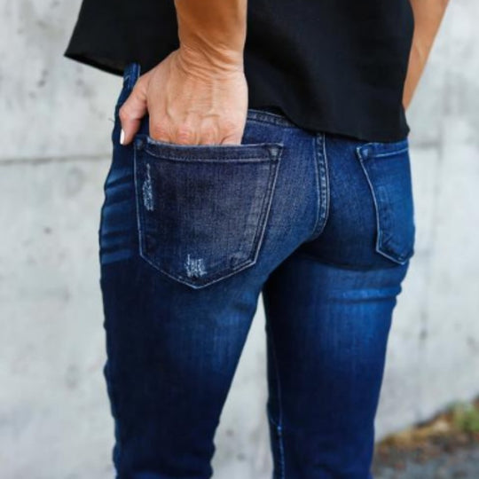 Damen schmal geschnittene Jeans mit modischem Rippdesign und ausgefranstem Saum R&B