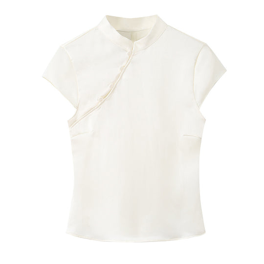 Damen elegantes Oberteil mit asymmetrischem Kragen und Knopfdetails R&B