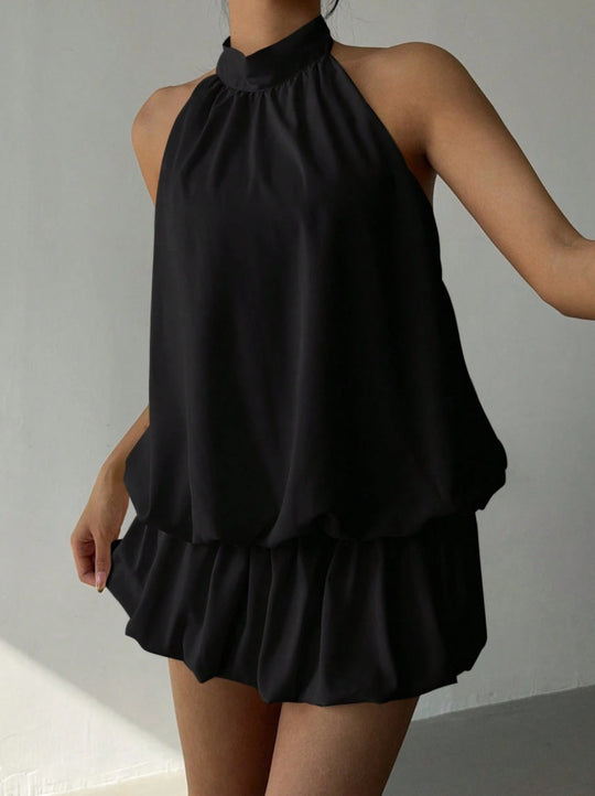 Damen sommerliches Minikleid mit haltem Kragen und asymmetrischem Design R&B