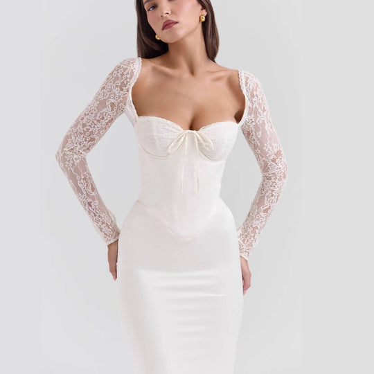 Damen Elegantes hochgeschlossenes Abendkleid mit Spitze und taillierter Silhouette R&B