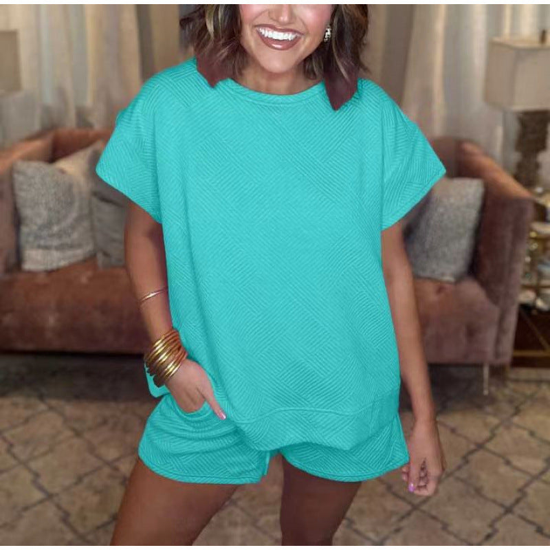 Damen gemütliches Freizeit-Set mit strukturiertem Oberteil und Shorts R&B