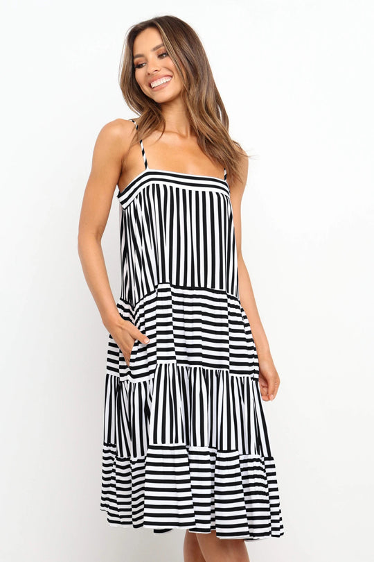 Damen luftiges Maxikleid aus Baumwolle mit gestreiftem Volantdesign R&B