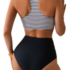 Damen Hochtailliertes Bikini-Set mit gestreiftem Oberteil R&B