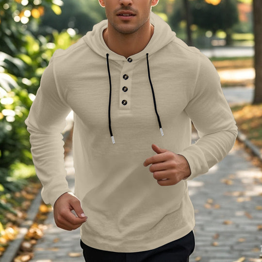 Herren nan lässiger Kapuzenpullover im Henley‑Stil mit Knopfleiste und verstellbarem Kordelzug R&B