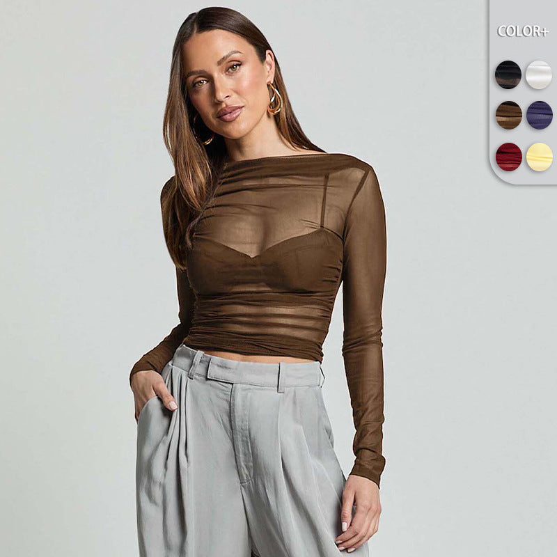 Damen Elegantes Langarmoberteil mit transparentem Mesh und Raffung R&B
