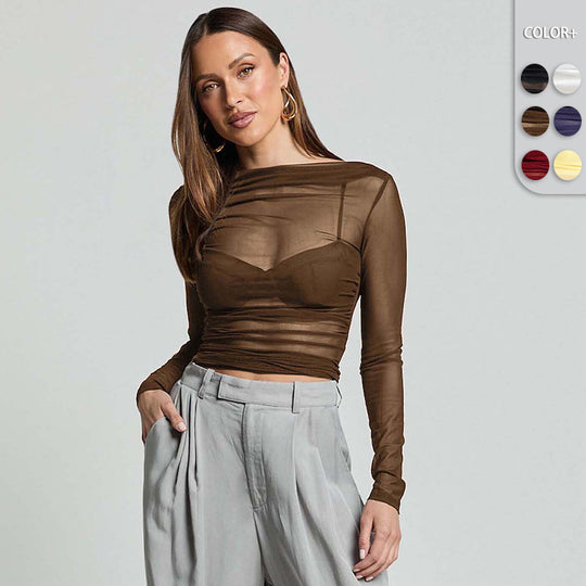 Damen Elegantes Langarmoberteil mit transparentem Mesh und Raffung R&B