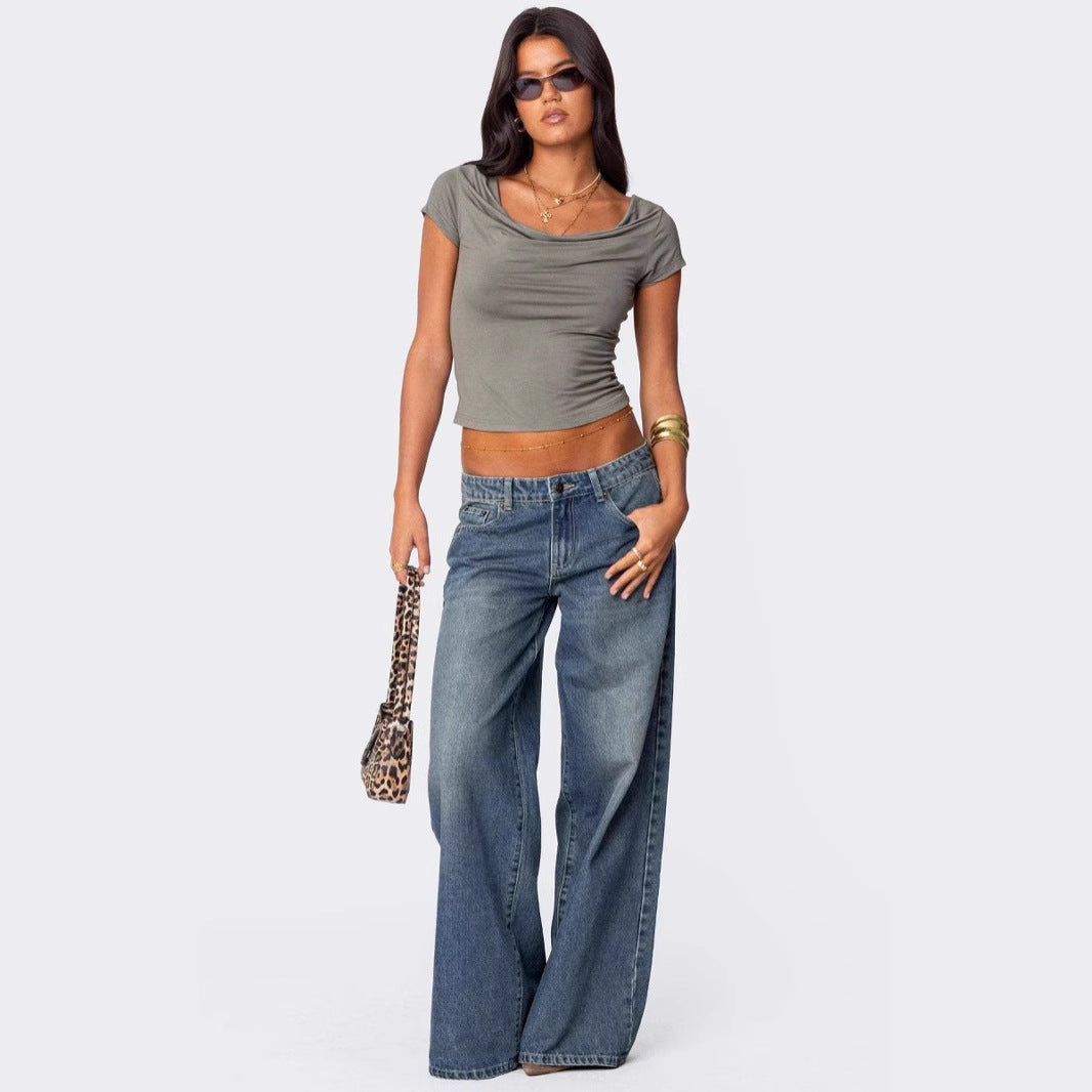 Damen Weit geschnittene Denim-Hose mit hohem Bund und modischen Details R&B