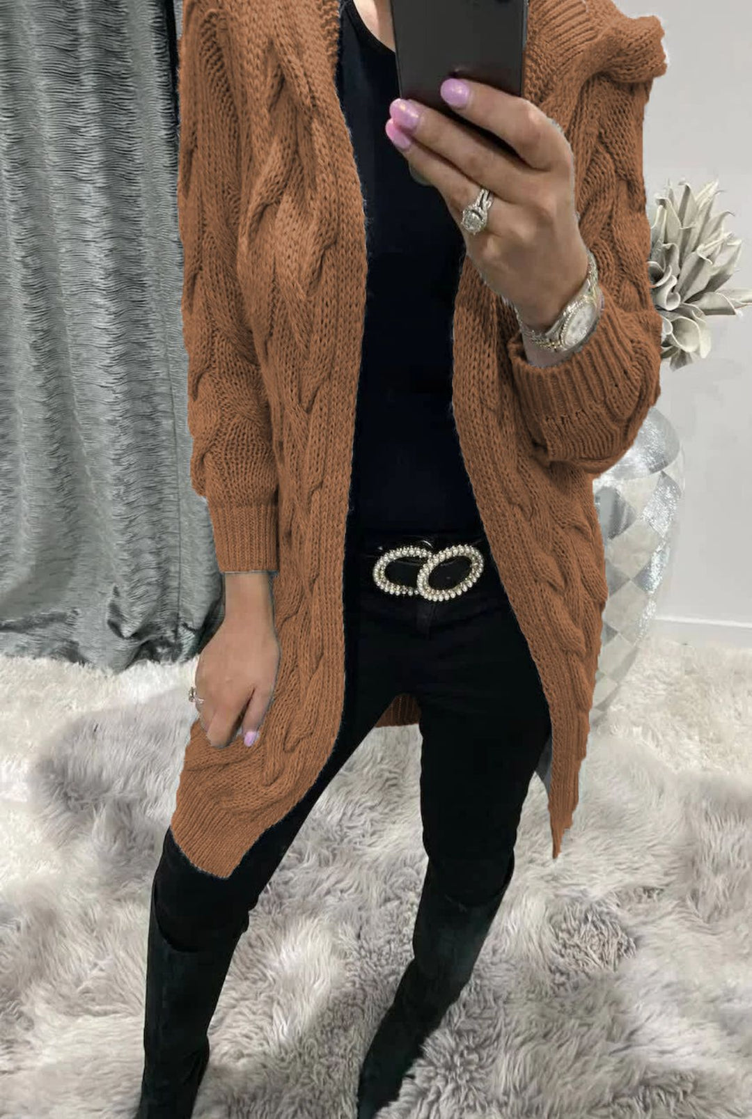 Damen Grobstrick-Cardigan mit Kapuze und Zopfmuster R&B