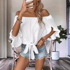 Damen Off-Shoulder-Bluse mit Rüschendetails und Taillenbindung R&B